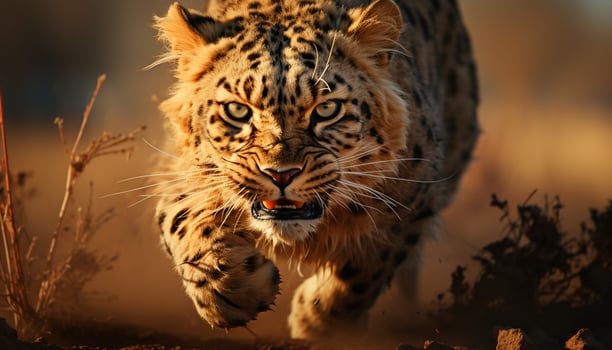 Majestic tiger walking in grass, staring, beauty in nature generated by AI photo