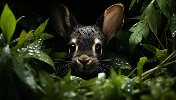 Cute rabbit sitting on grass, fluffy fur, looking at camera generated by AI photo