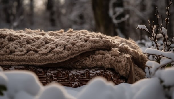 Winter snowy forest, a cozy woolen craft, homemade chocolate dessert generated by AI photo