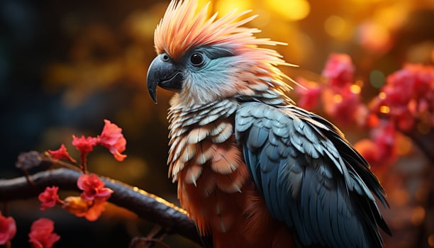 Vibrant macaw perching on a branch, showcasing nature colorful beauty generated by AI photo