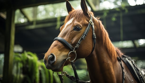 Beautiful horse grazing in a meadow, a portrait of nature generated by AI photo