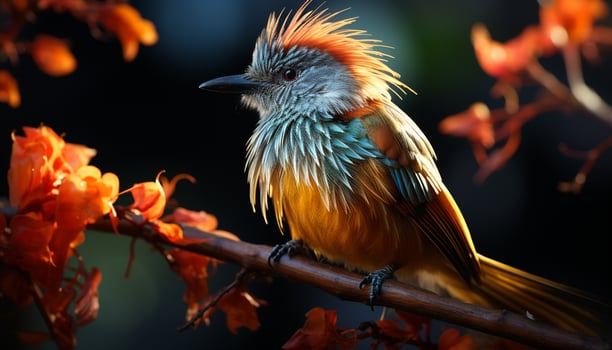 Animal perching on branch, vibrant colors, cute bird watching in forest generated by AI photo