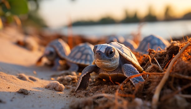 Cute turtle crawling on sand, enjoying tropical climate and sunlight generated by AI photo