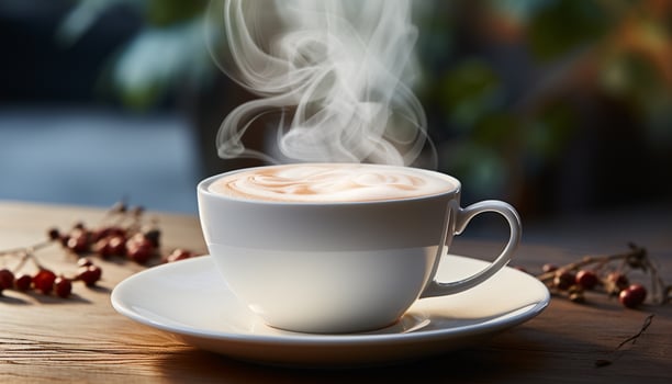 Aromatic coffee cup on wooden table, a frothy drink steaming generated by AI photo