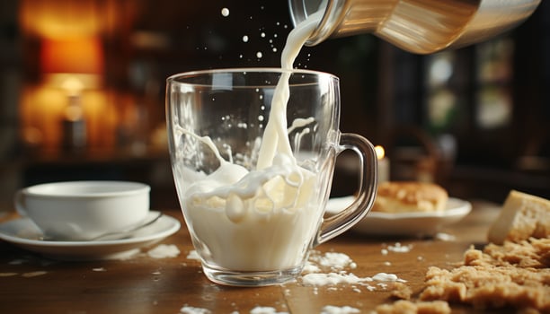 Freshness pouring from the coffee cup, rustic wood table, gourmet drink generated by AI photo