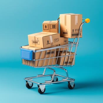 Composition of shopping cart or trolley with gift boxes or bags. Cyber monday sales or shopping day concept by AI Generated photo