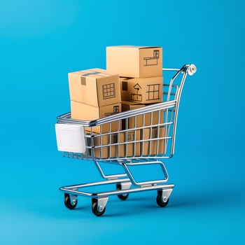 Composition of shopping cart or trolley with gift boxes or bags. Cyber monday sales or shopping day concept by AI Generated photo