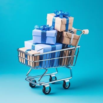 Composition of shopping cart or trolley with gift boxes or bags. Cyber monday sales or shopping day concept by AI Generated photo