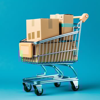 Composition of shopping cart or trolley with gift boxes or bags. Cyber monday sales or shopping day concept by AI Generated photo