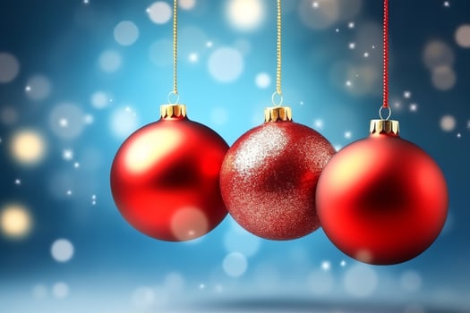 Christmas background with christmas balls ornaments hanging with copy space. Christmas decoration concept by AI Generated photo