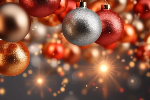 Christmas background with christmas balls ornaments hanging with copy space. Christmas decoration concept by AI Generated photo