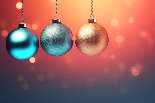 Christmas background with christmas balls ornaments hanging with copy space. Christmas decoration concept by AI Generated photo