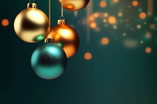 Christmas background with christmas balls ornaments hanging with copy space. Christmas decoration concept by AI Generated photo