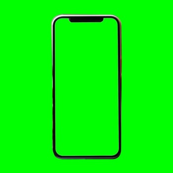 App demonstration mockup. Realistic mobile phone frame only, mockup with green chroma key screen, cellphone app template. photo