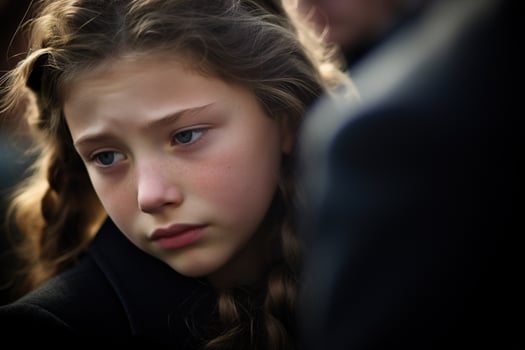Portrait of a sad little girl on the background of the crowd.Funeral concept AI generated photo