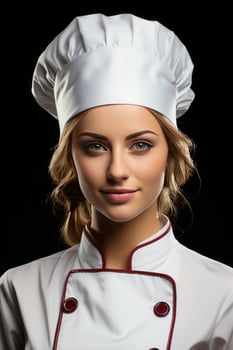 Beautiful young female chef in the kitchen, created with generative AI photo