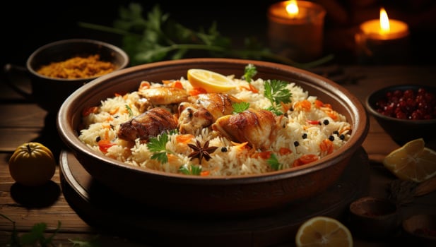 Gourmet chicken biryani with steamed basmati rice photo