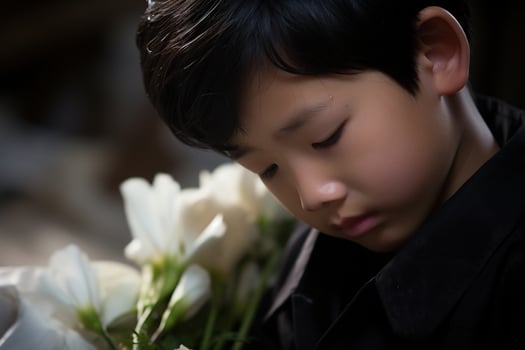 Portrait of little asian boy with sad expression.Funeral concept AI generated photo