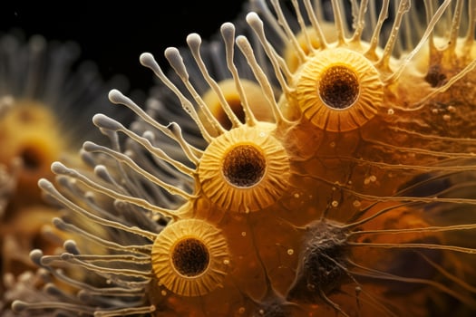 Intricate extreme close up images of fungal spores under microscope photo