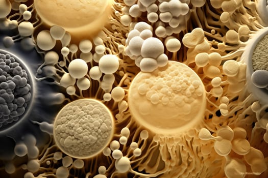 Highly magnified richly detailed macro images of yeast cells interplay photo