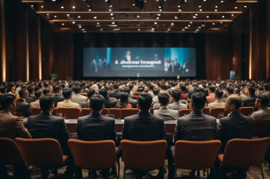 Business and entrepreneurship symposium. Speaker giving a talk at business meeting. Audience in conference hall., AI Generative photo