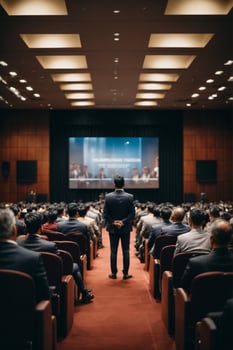 Business and entrepreneurship symposium. Speaker giving a talk at business meeting. Audience in conference hall.AI Generative photo