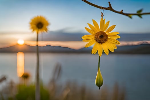 sunflower hanging from a branch by the water. AI-Generated photo