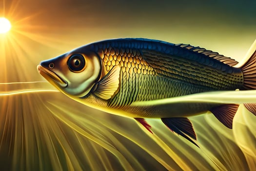 fish in the water with the sun in the background. AI-Generated photo