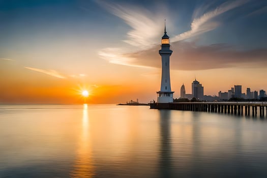 the sun rises over the city skyline and a lighthouse. AI-Generated photo