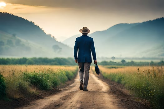 a man in a suit and hat walking down a dirt road. AI-Generated photo