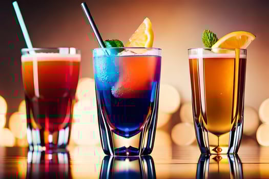 three different colored drinks are lined up on a table. AI-Generated photo
