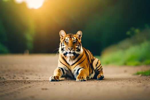 a tiger sitting on the road in the middle of the forest. AI-Generated photo