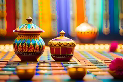 colorful diyas and candles sit on a table. AI-Generated photo