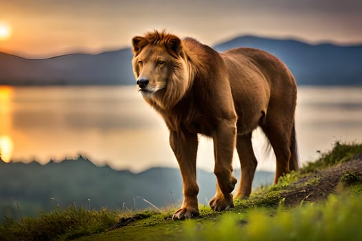 a lion stands on a hill overlooking a lake. AI-Generated photo