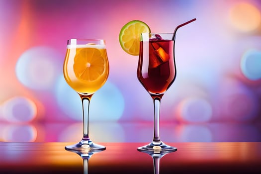 two glasses of cocktails with colorful lights in the background. AI-Generated photo