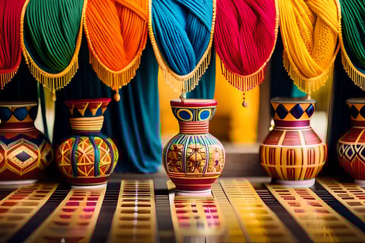 colorful vases and colorful yarns on a table. AI-Generated photo