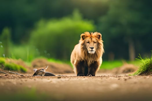a lion walking on the road in the middle of a forest. AI-Generated photo