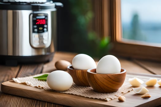 eggs in wooden bowls next to an instant pot. AI-Generated photo