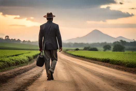 a man in a suit and hat walks down a dirt road. AI-Generated photo