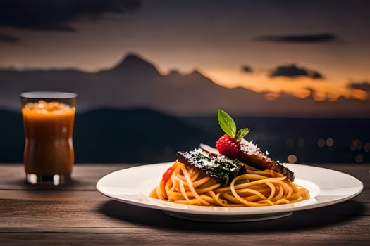 a plate of pasta with a glass of wine and a view of the mountains. AI-Generated photo
