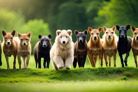 a group of dogs running in a field. AI-Generated photo