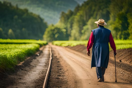 a man walking down a dirt road with a cane. AI-Generated photo