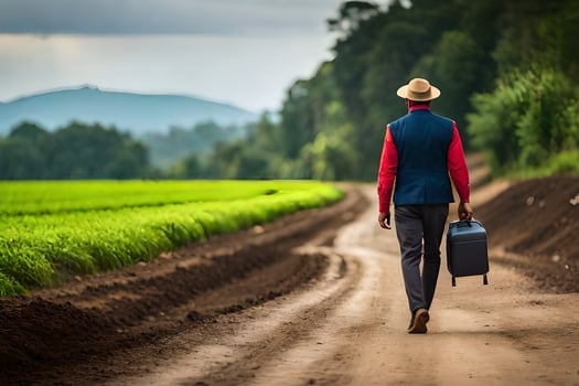 a man walking down a dirt road with a suitcase. AI-Generated photo