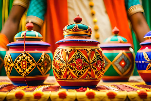 colorful pots with designs on them are on display. AI-Generated photo