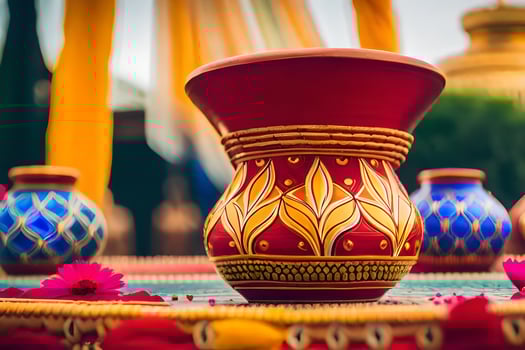 a colorful vase sitting on a table with flowers. AI-Generated photo