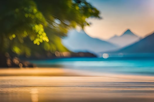 a blurry image of a beach with mountains in the background. AI-Generated photo
