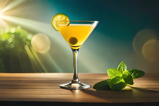 cocktail on a wooden table with sun light. AI-Generated photo