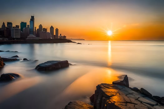 the sun rises over the city skyline in this photo. AI-Generated photo