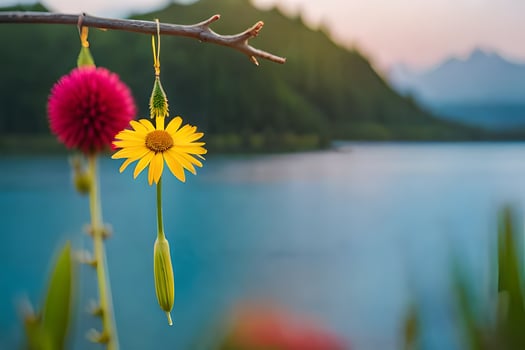 photo wallpaper the sky, flowers, the mountains, lake, flowers, the mountains, flowers,. AI-Generated