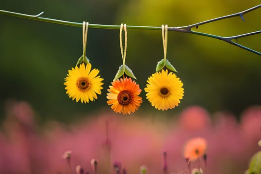 three sunflowers hanging from a branch in front of a field. AI-Generated photo